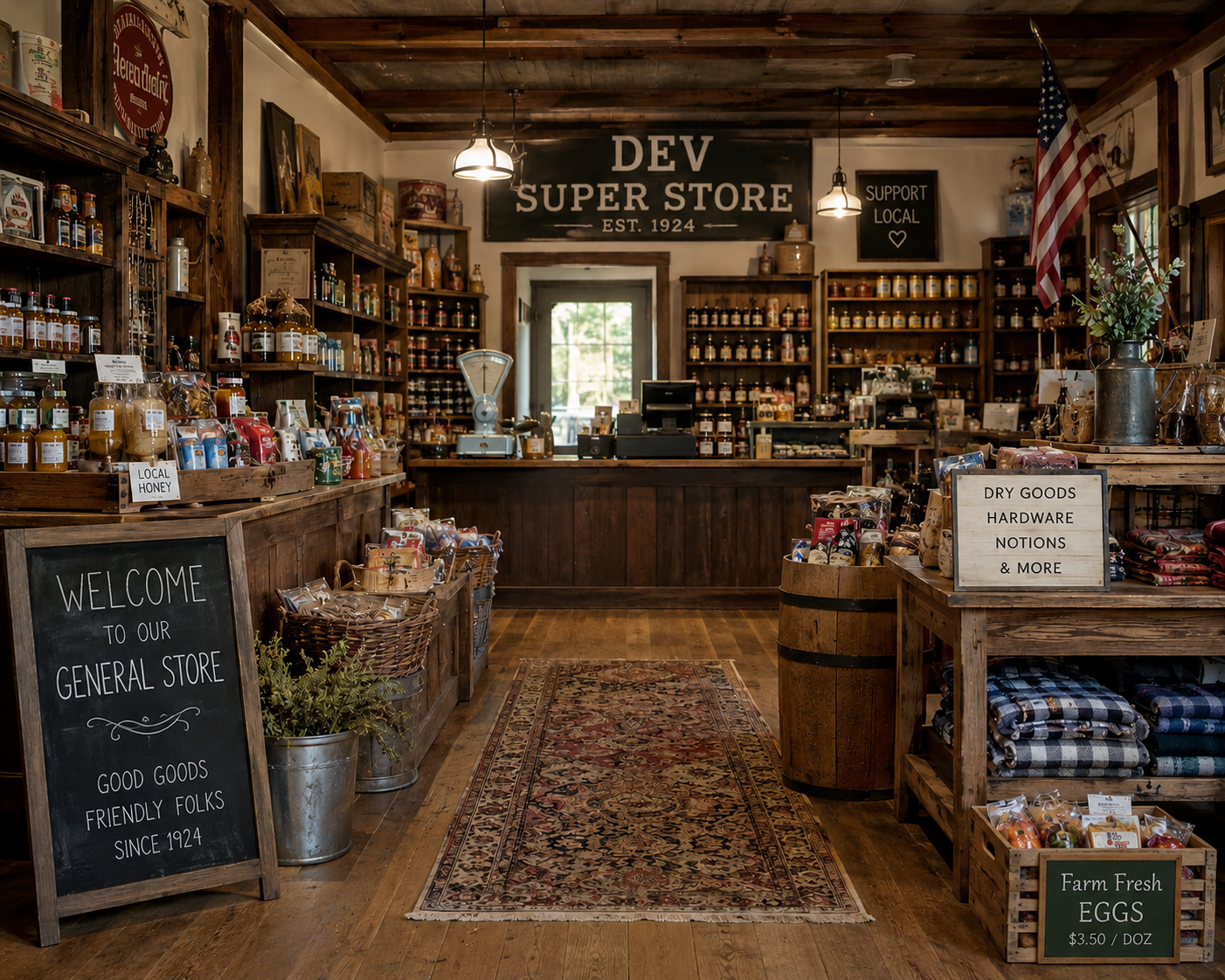 Warm wooden interior of Dev Super Store with shelves and counter